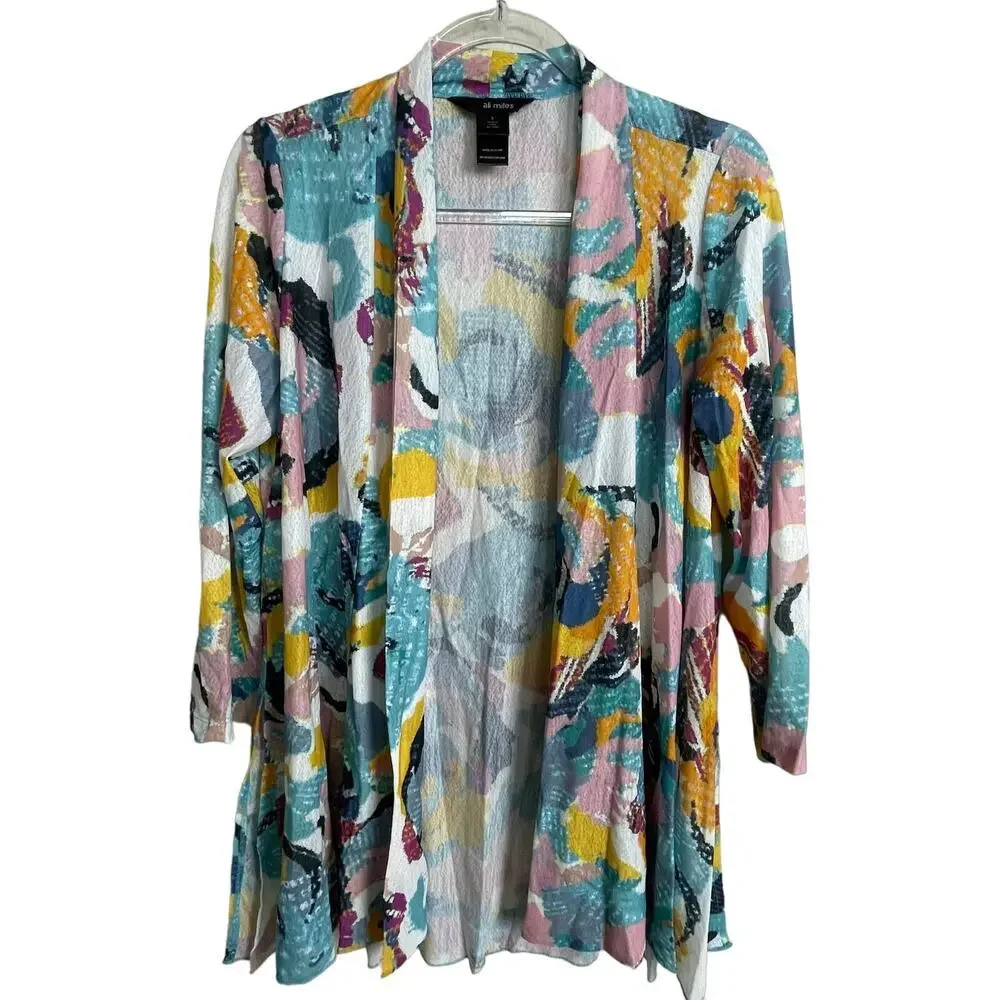 Ali Miles Sheer Women's S‎ Open Front Cardigan Size S Water Color Drop Shoulder
